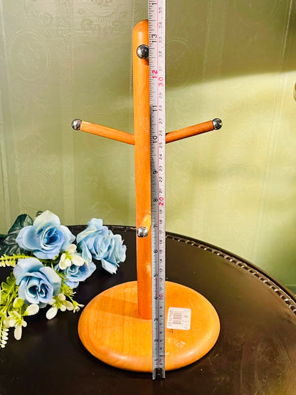 Wooden Mug Tree Stand with Silver-Tone Caps Approx. 35cm