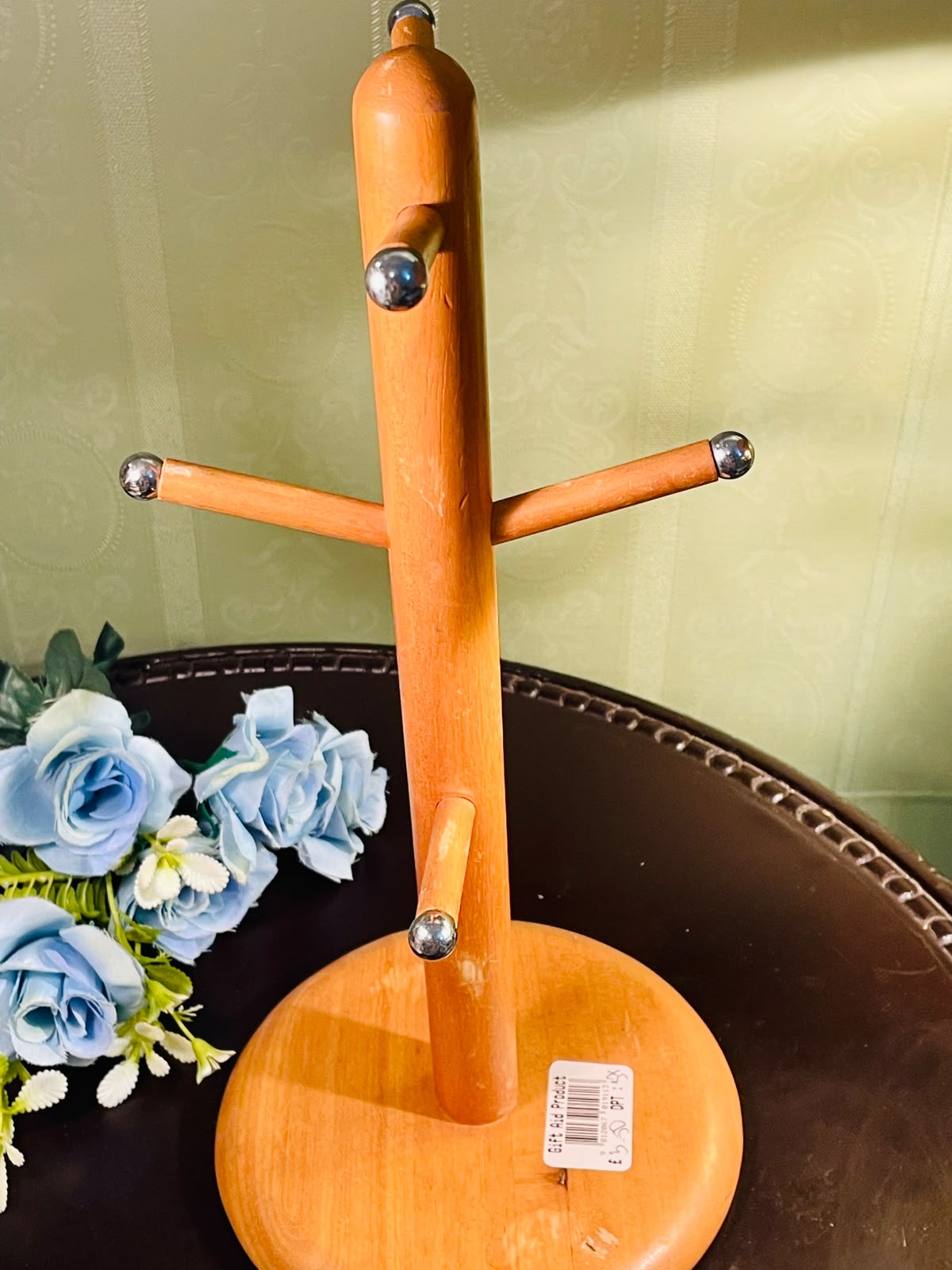 Wooden Mug Tree Stand with Silver-Tone Caps Approx. 35cm