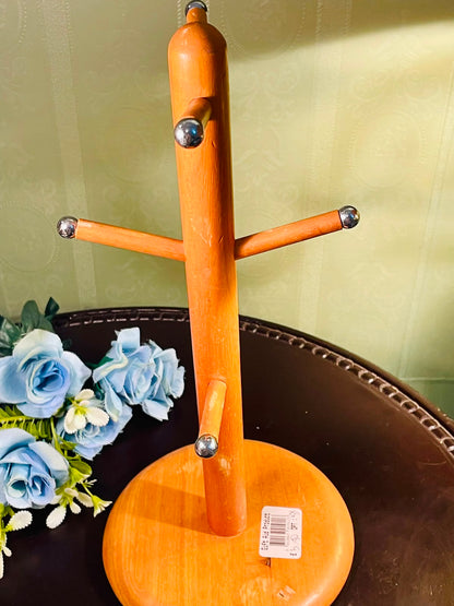 Wooden Mug Tree Stand with Silver-Tone Caps Approx. 35cm