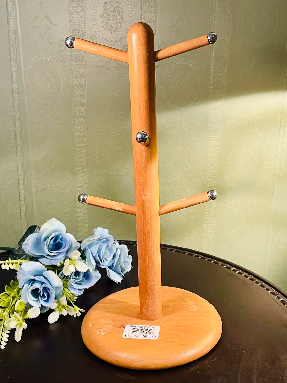 Wooden Mug Tree Stand with Silver-Tone Caps Approx. 35cm