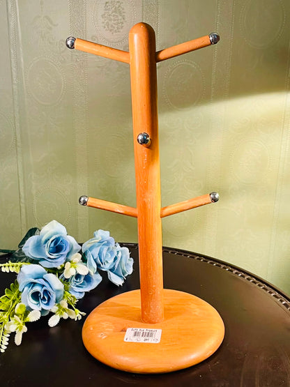 Wooden Mug Tree Stand with Silver-Tone Caps Approx. 35cm