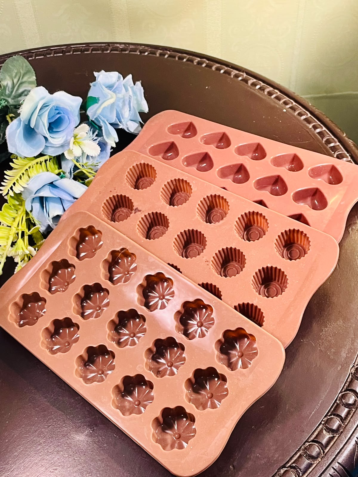 Set of 3 Silicone Chocolate & Mini Baking Moulds – Hearts, Flowers & Cupcakes
