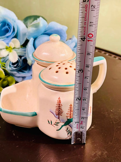 Vintage Ceramic Condiment Set Teal Trim 3 Piece 4 Inch