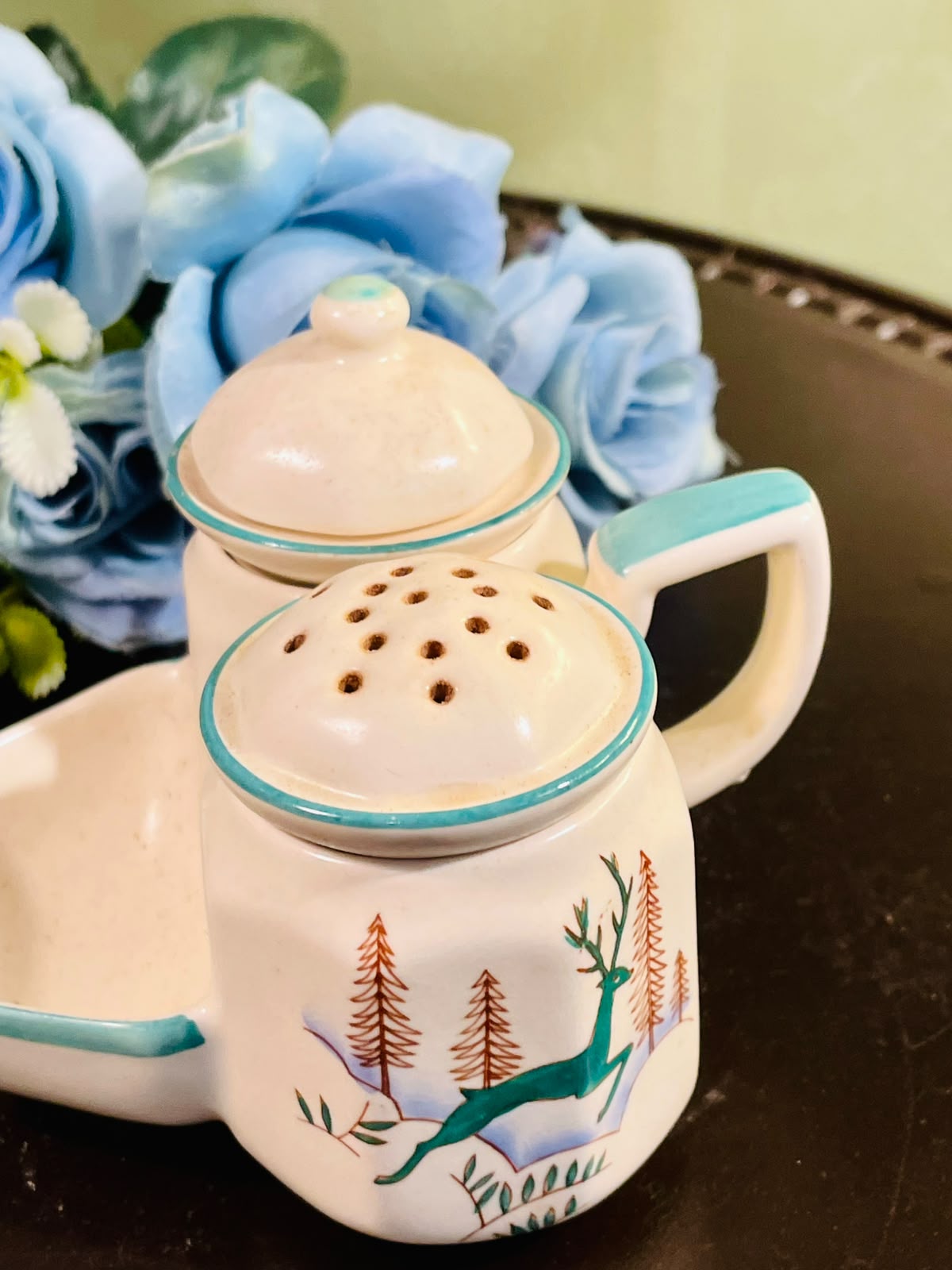 Vintage Ceramic Condiment Set Teal Trim 3 Piece 4 Inch