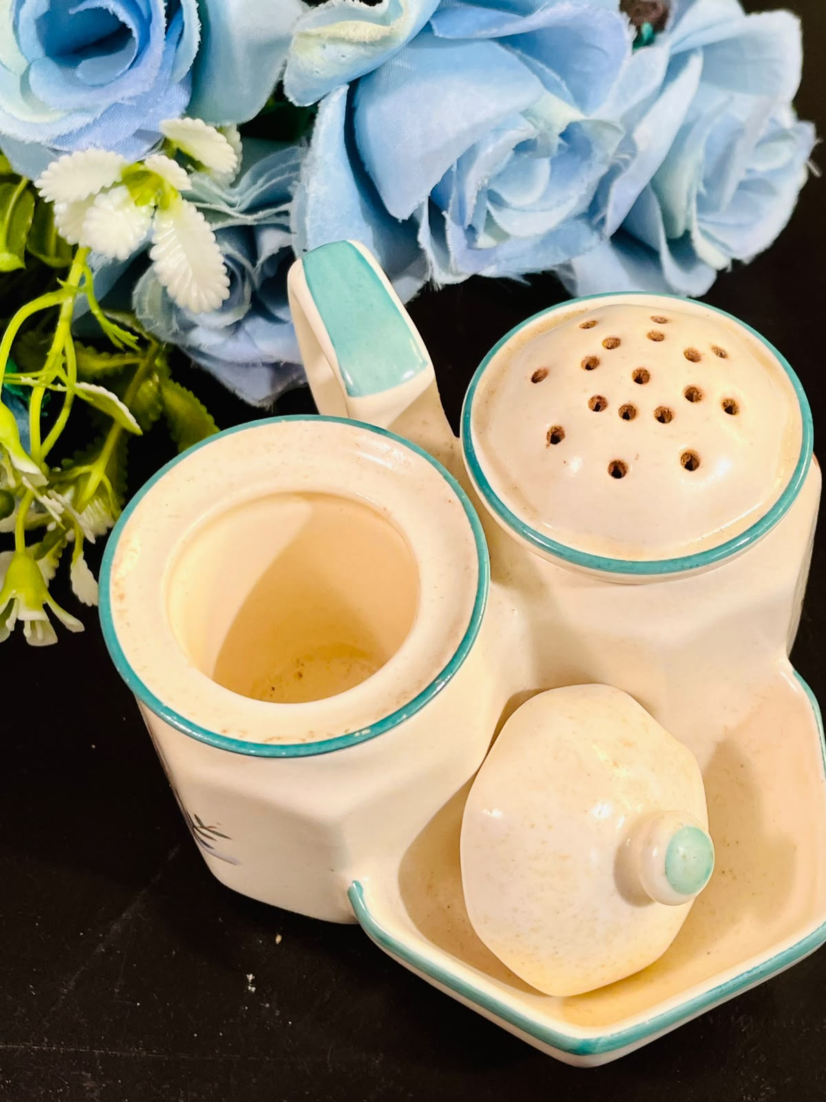 Vintage Ceramic Condiment Set Teal Trim 3 Piece 4 Inch