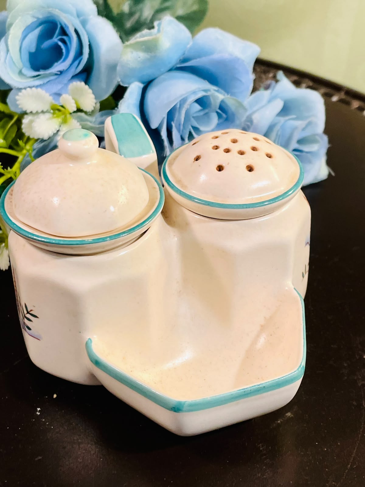 Vintage Ceramic Condiment Set Teal Trim 3 Piece 4 Inch