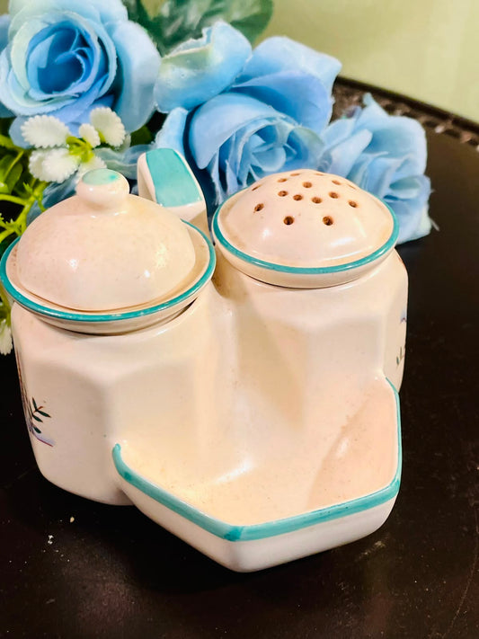 Vintage Ceramic Condiment Set Teal Trim 3 Piece 4 Inch