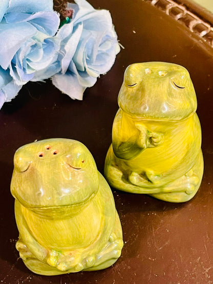 Vintage Meditating Frog Salt & Pepper Shakers Set of 2, Hand Painted Ceramic, 4 Inch