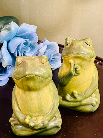 Vintage Meditating Frog Salt & Pepper Shakers Set of 2, Hand Painted Ceramic, 4 Inch