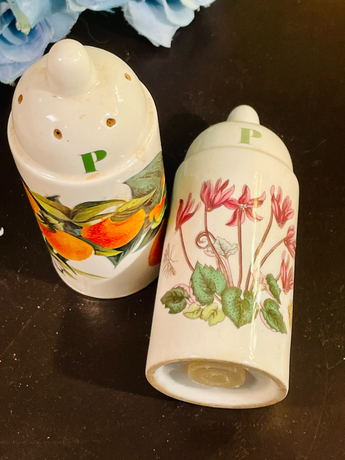 Vintage Floral & Orange Ceramic Pepper Shakers Set of 2, 4 Inch