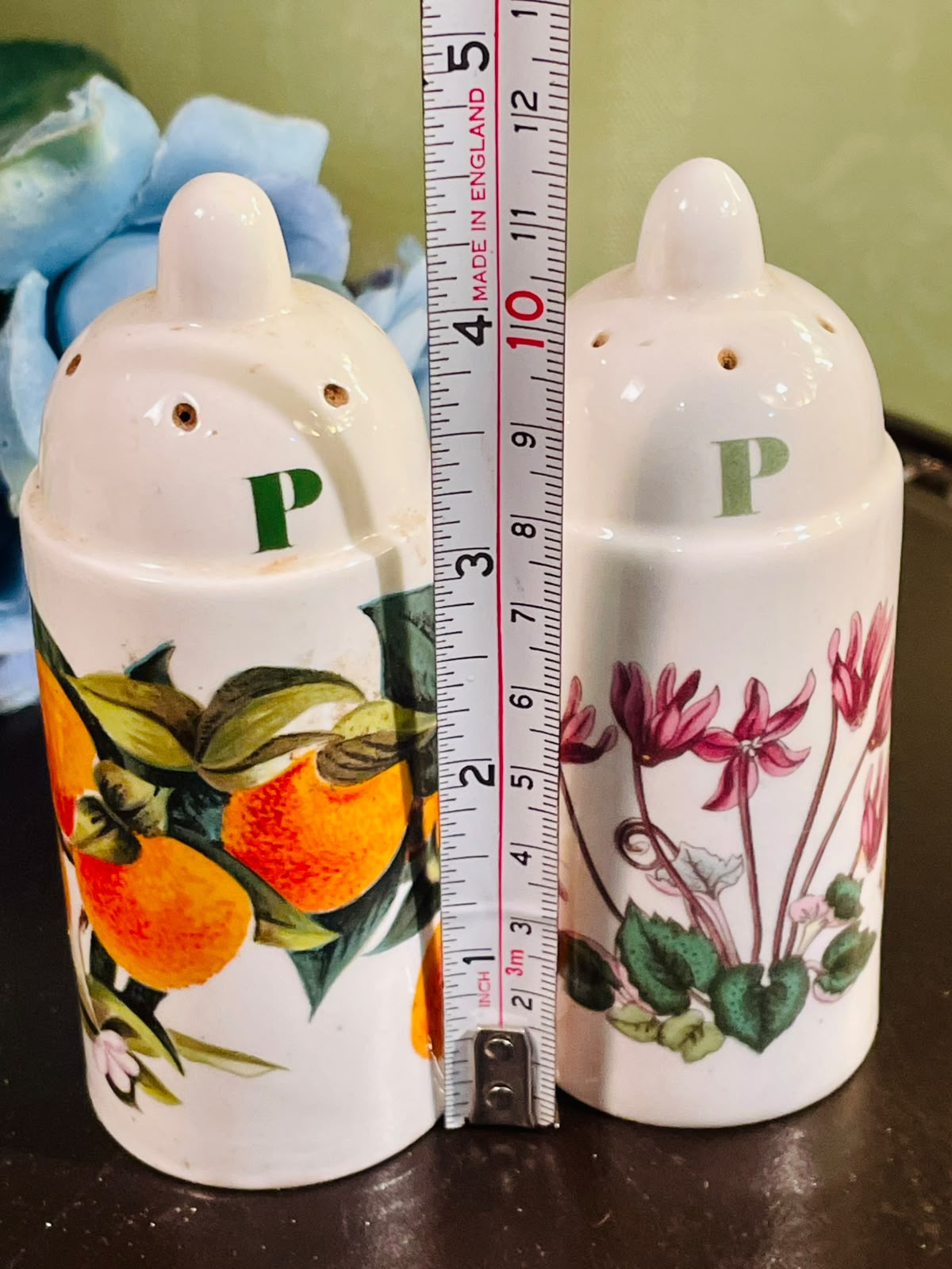 Vintage Floral & Orange Ceramic Pepper Shakers Set of 2, 4 Inch