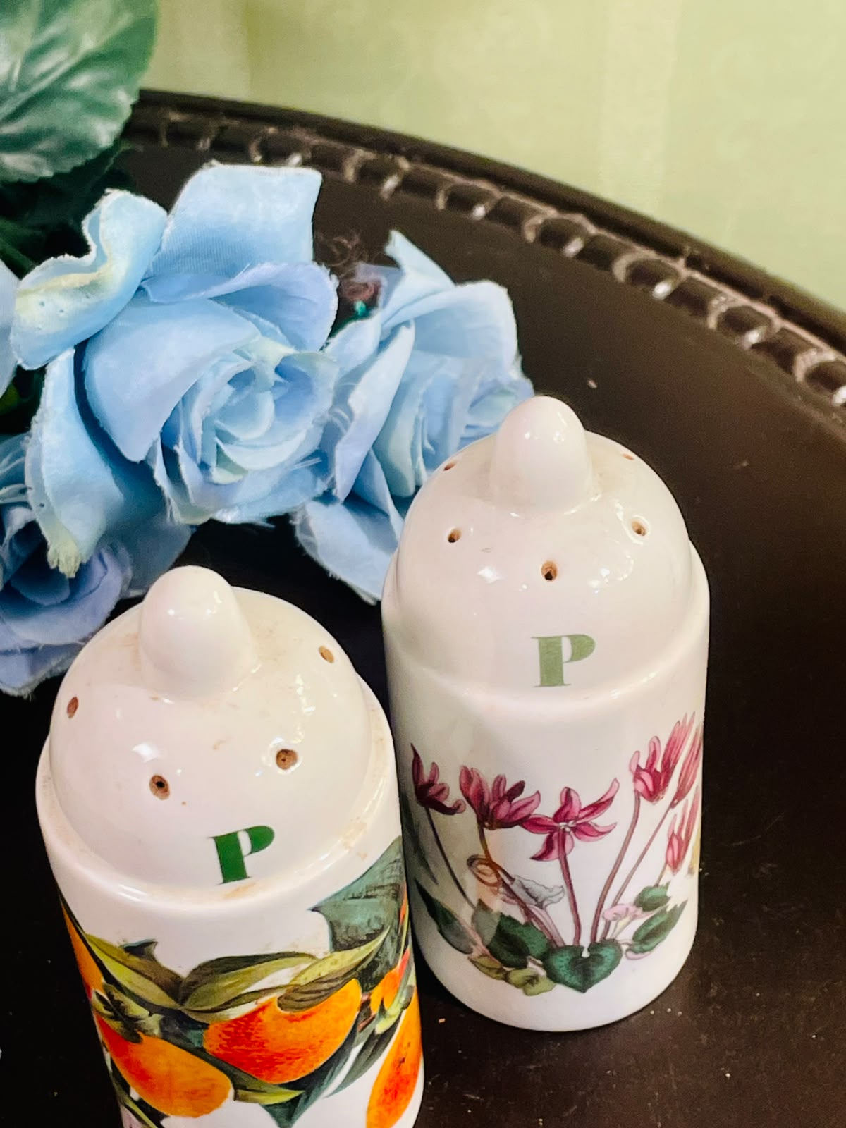 Vintage Floral & Orange Ceramic Pepper Shakers Set of 2, 4 Inch