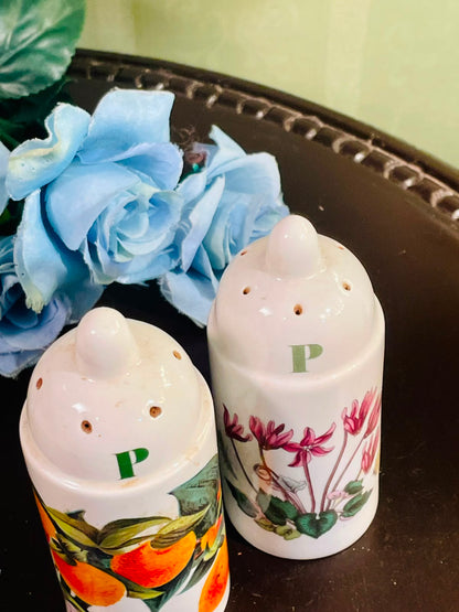 Vintage Floral & Orange Ceramic Pepper Shakers Set of 2, 4 Inch
