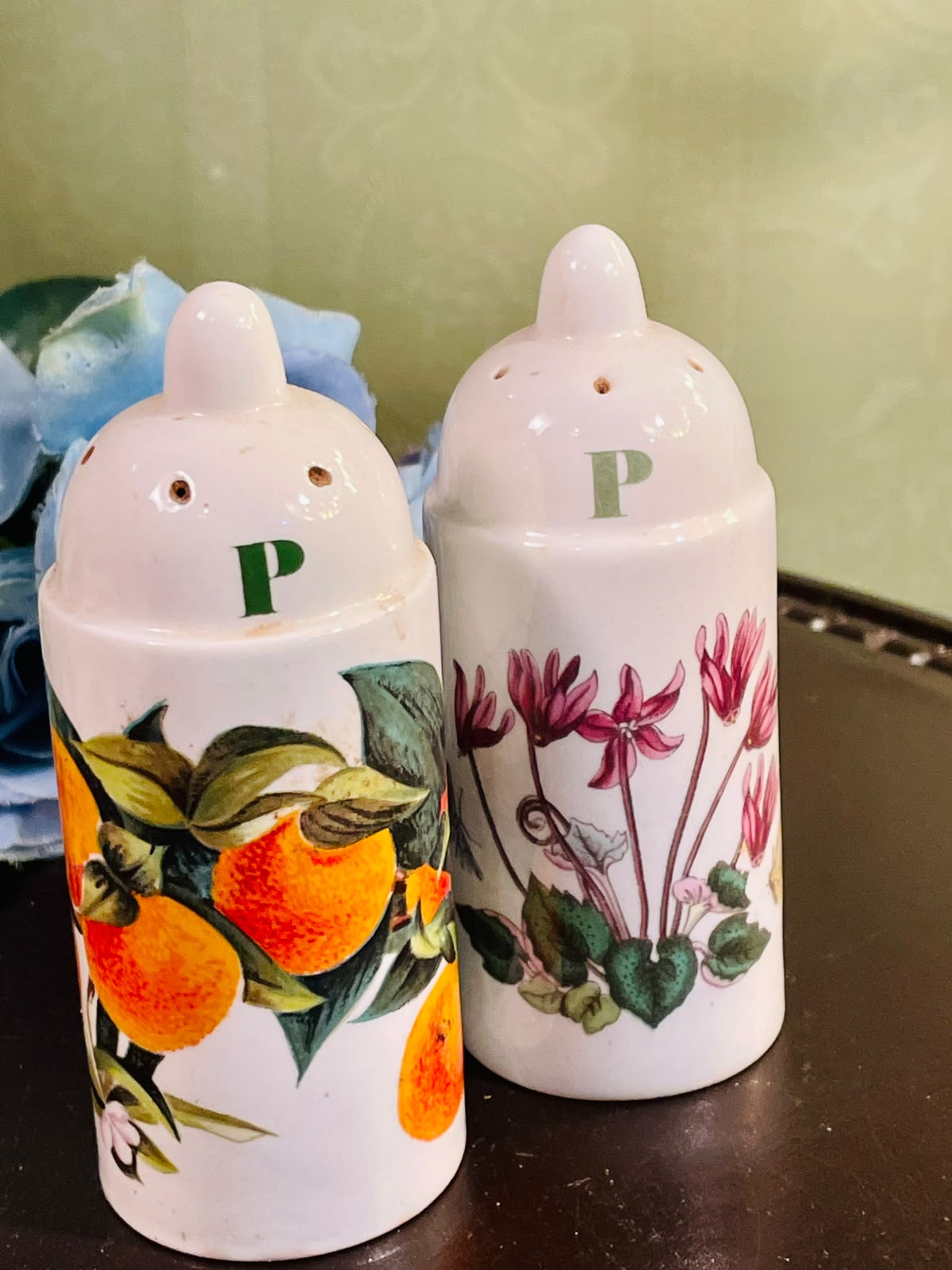 Vintage Floral & Orange Ceramic Pepper Shakers Set of 2, 4 Inch