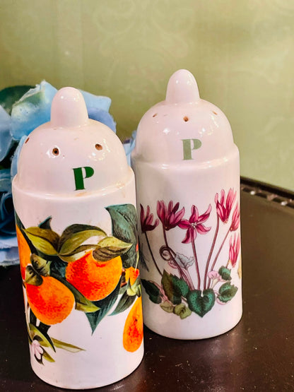 Vintage Floral & Orange Ceramic Pepper Shakers Set of 2, 4 Inch