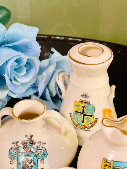 Vintage Mini Heraldic Souvenir Vase Collection – 5 Ceramic Pieces with Gold Trim