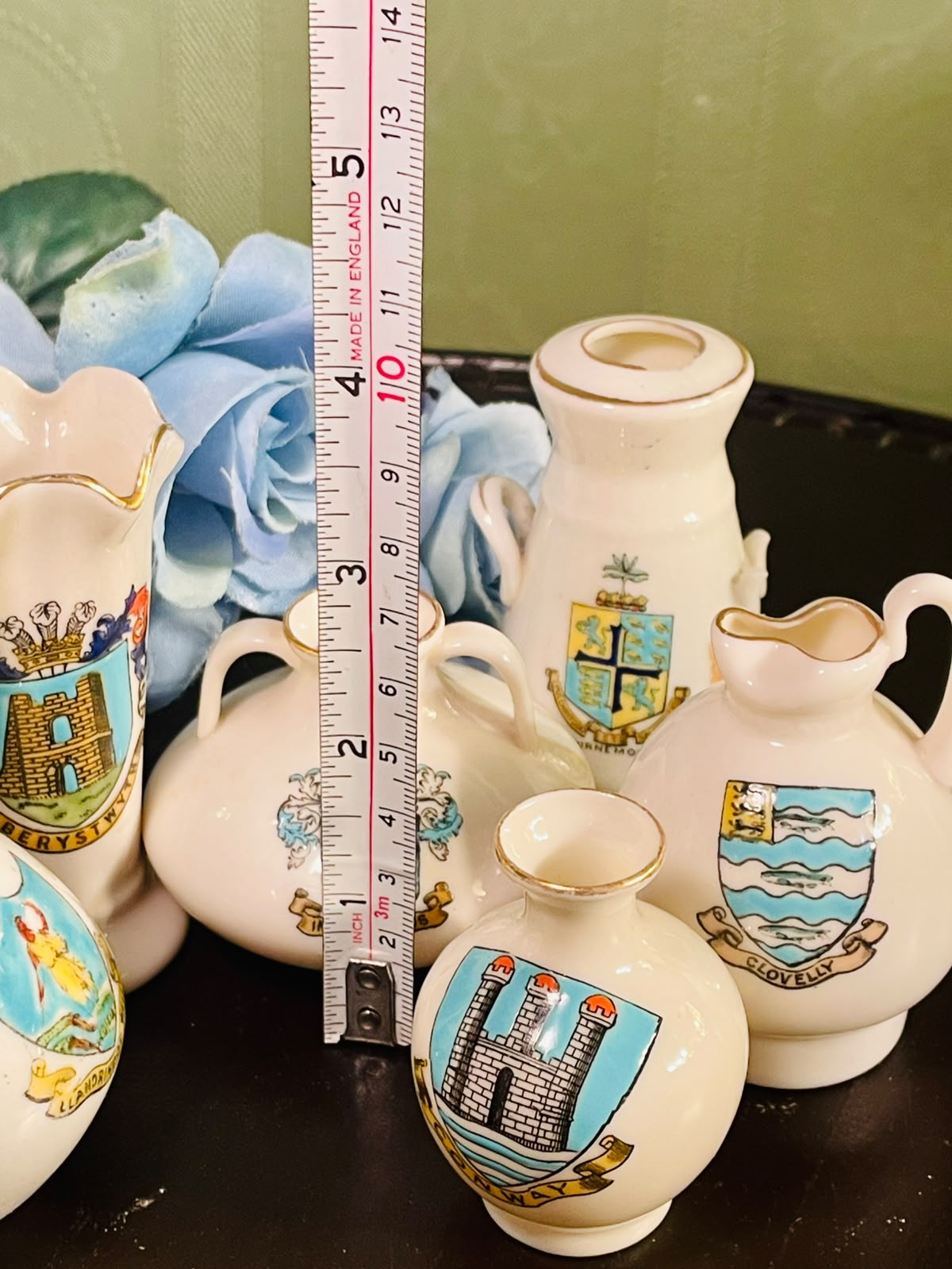 Vintage Mini Heraldic Souvenir Vase Collection – 5 Ceramic Pieces with Gold Trim