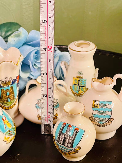 Vintage Mini Heraldic Souvenir Vase Collection – 5 Ceramic Pieces with Gold Trim