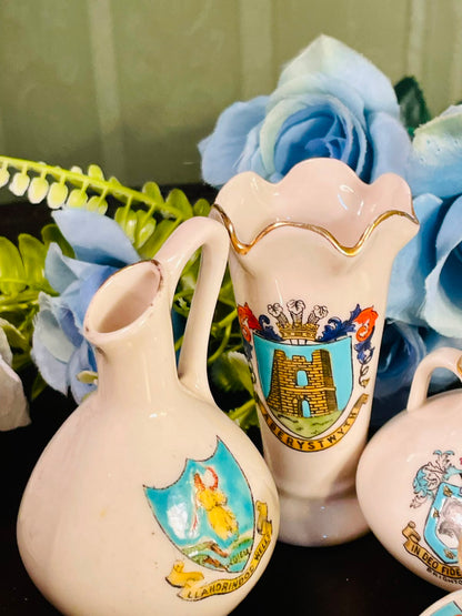 Vintage Mini Heraldic Souvenir Vase Collection – 5 Ceramic Pieces with Gold Trim