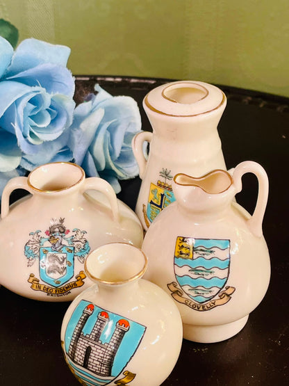 Vintage Mini Heraldic Souvenir Vase Collection – 5 Ceramic Pieces with Gold Trim