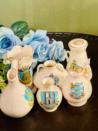 Vintage Mini Heraldic Souvenir Vase Collection – 5 Ceramic Pieces with Gold Trim