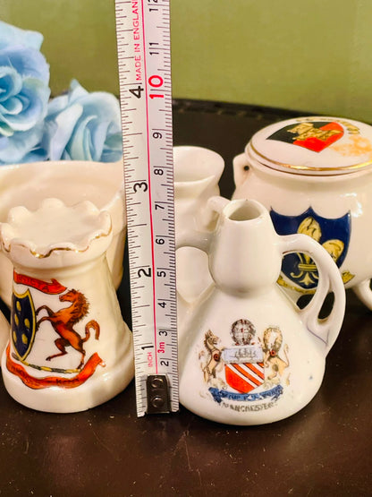 Vintage British Souvenir Miniature Ceramic Vase & Jug Collection – 6 Pieces with Heraldic Crests