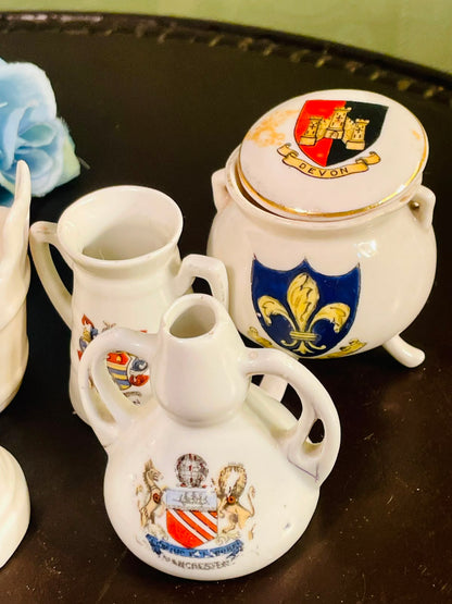 Vintage British Souvenir Miniature Ceramic Vase & Jug Collection – 6 Pieces with Heraldic Crests
