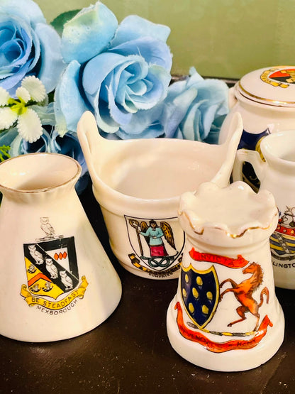 Vintage British Souvenir Miniature Ceramic Vase & Jug Collection – 6 Pieces with Heraldic Crests