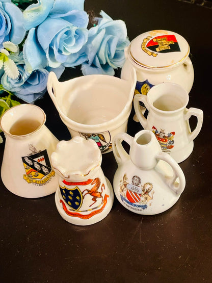 Vintage British Souvenir Miniature Ceramic Vase & Jug Collection – 6 Pieces with Heraldic Crests
