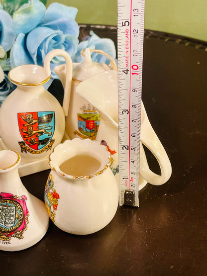 Vintage British Souvenir Miniature Ceramic Jug & Vase Collection – 5 Pieces with Heraldic Crests