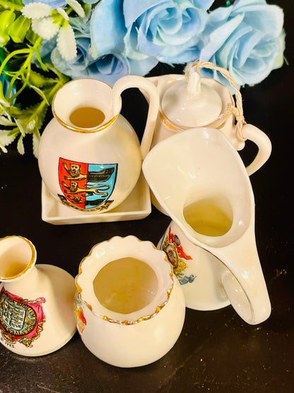 Vintage British Souvenir Miniature Ceramic Jug & Vase Collection – 5 Pieces with Heraldic Crests