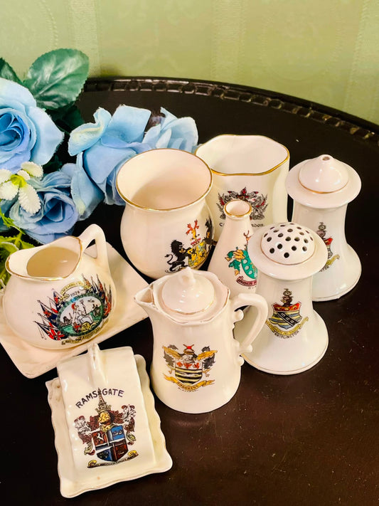 Vintage British Souvenir Miniature Ceramic Collection – 9-Piece Assorted Creamers, Vases & Condiment Set