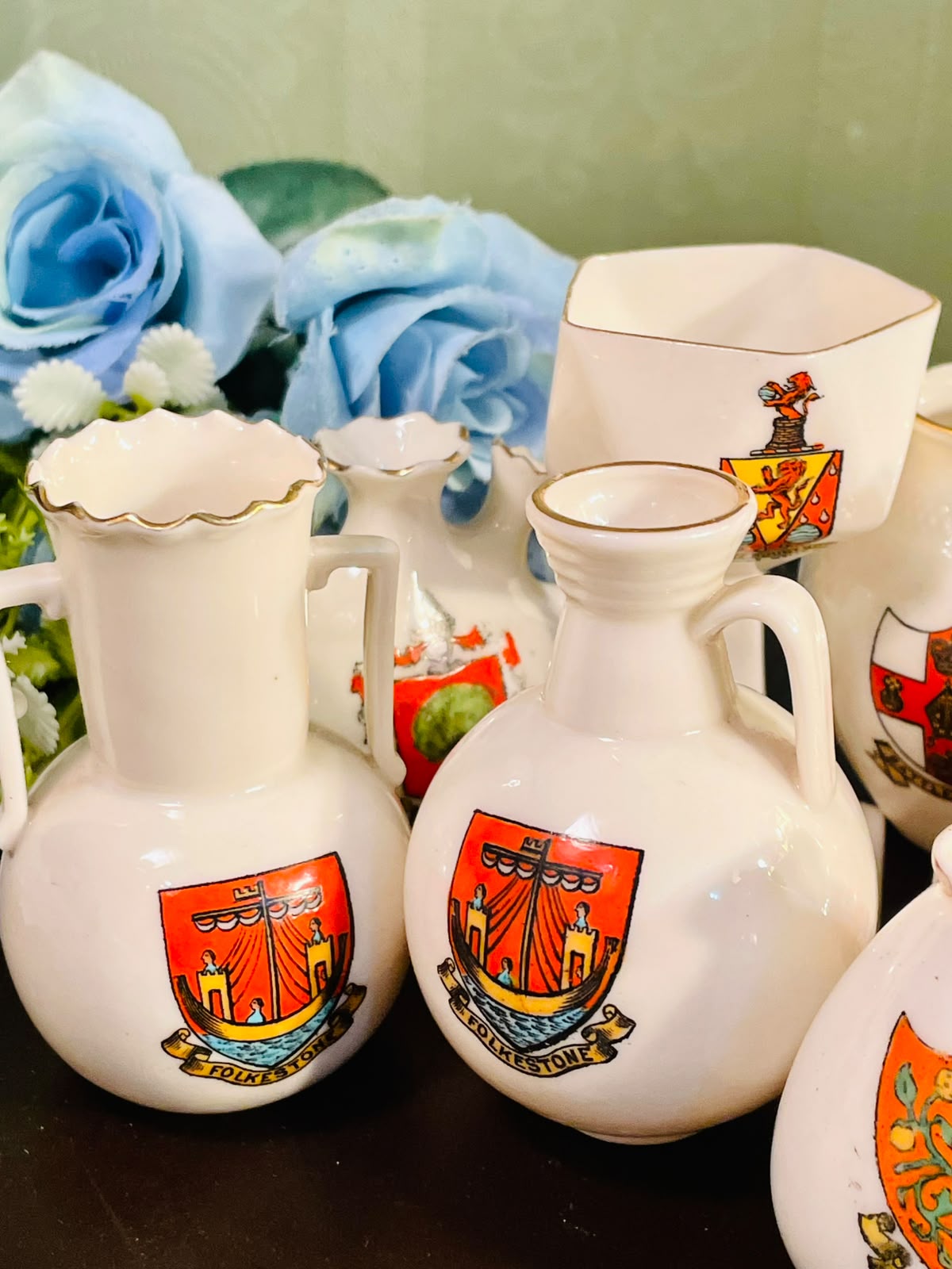 English Crested Ware 7 Piece Decorative Vessel Collection