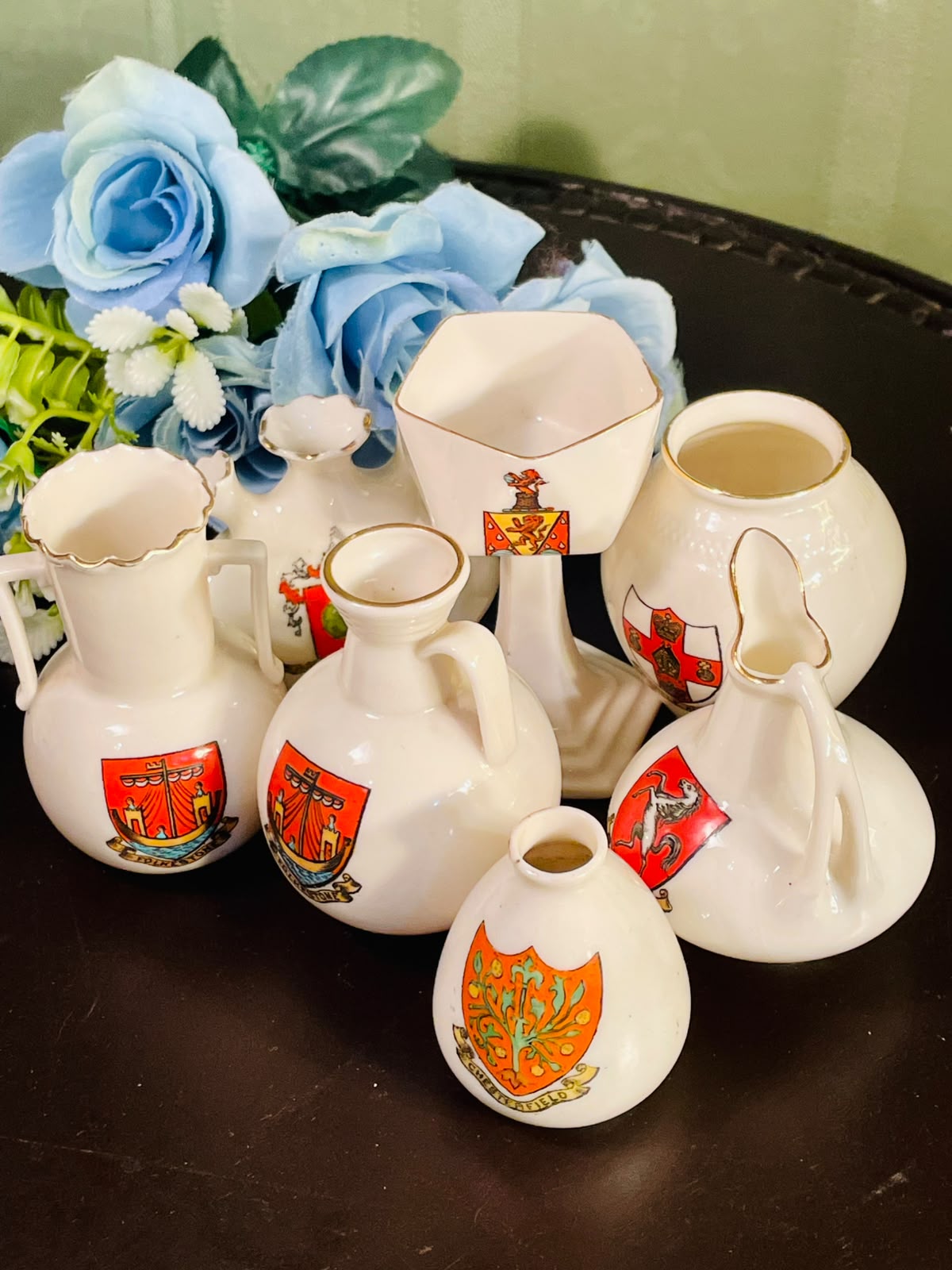 English Crested Ware 7 Piece Decorative Vessel Collection