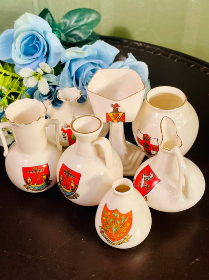 English Crested Ware 7 Piece Decorative Vessel Collection