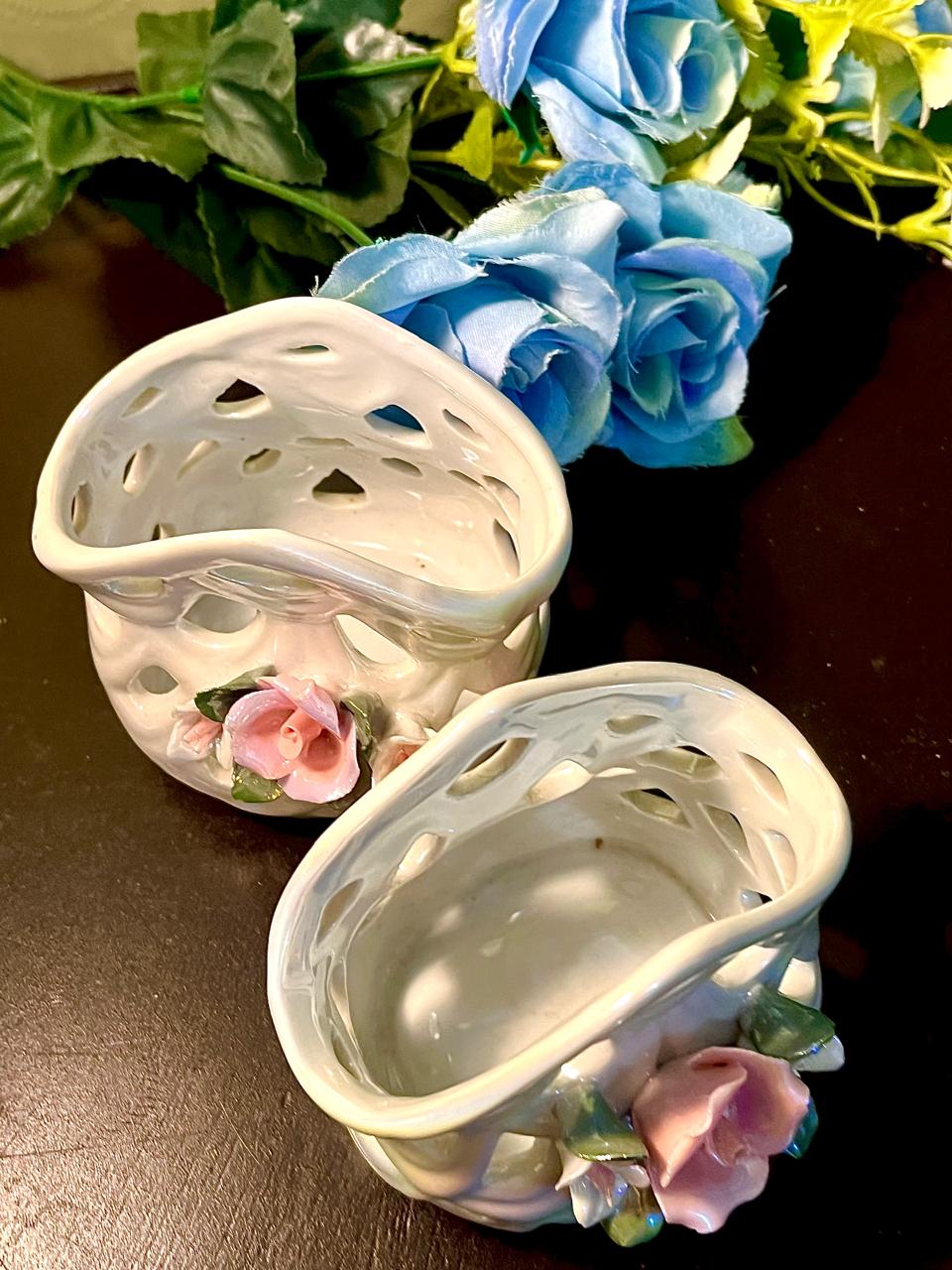 English Floral Ceramic Basket Pair with Pink Roses 2 Piece Set