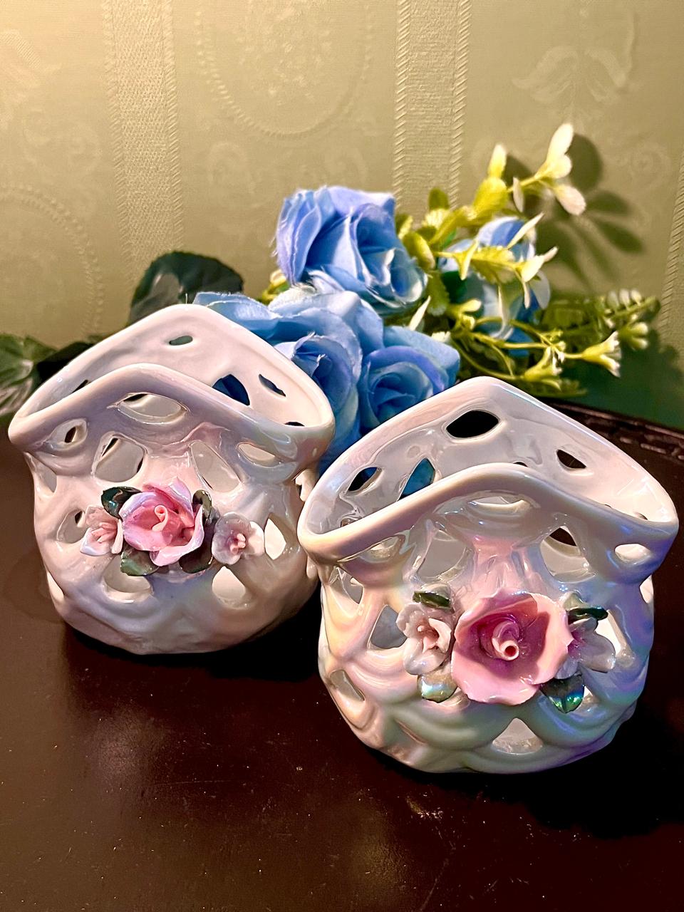 English Floral Ceramic Basket Pair with Pink Roses 2 Piece Set