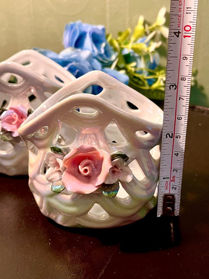English Floral Ceramic Basket Pair with Pink Roses 2 Piece Set