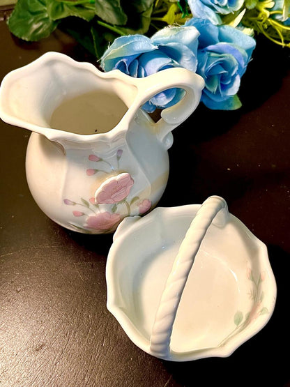 St Michael Pink Rose Ceramic Jug & Basket 2 Piece Set