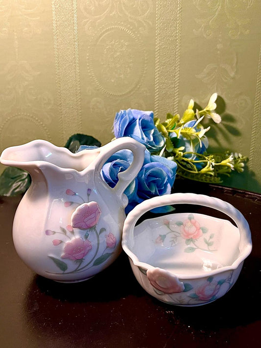 St Michael Pink Rose Ceramic Jug & Basket 2 Piece Set