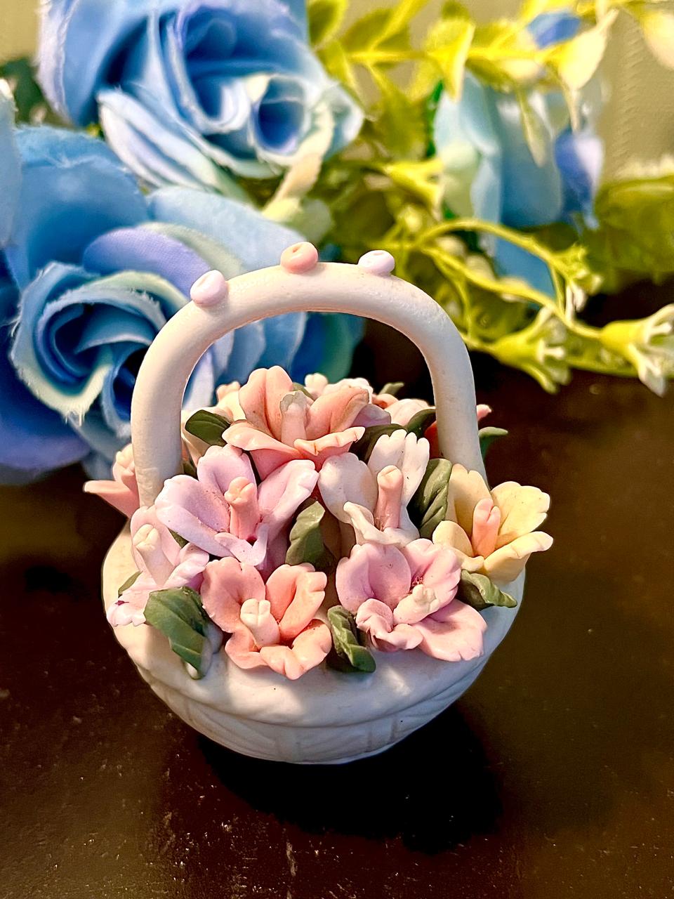 Pink Floral Ceramic Basket Ornament 8 cm