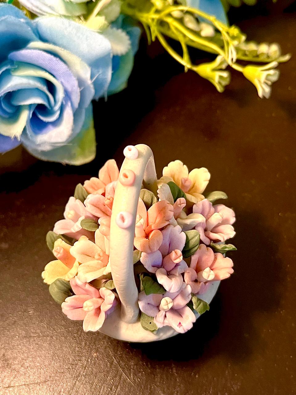 Pink Floral Ceramic Basket Ornament 8 cm