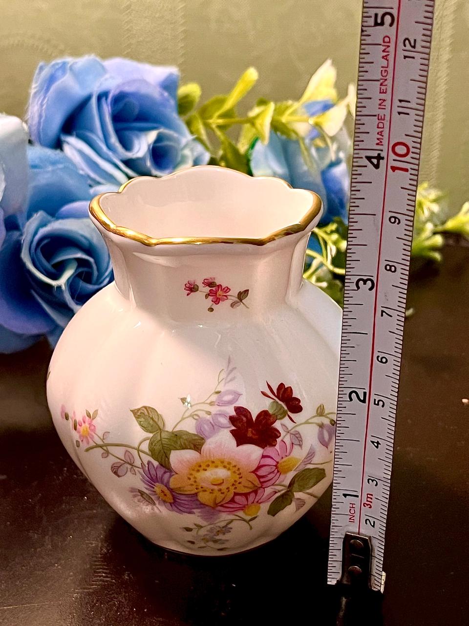 Vintage Fine Bone China Floral Mini Vase with Gold Scalloped Rim 8 cm