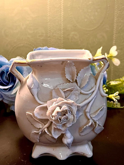 White Floral Ceramic Planter with Applied Rose 10 cm