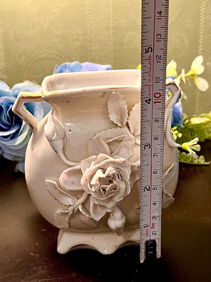 White Floral Ceramic Planter with Applied Rose 10 cm