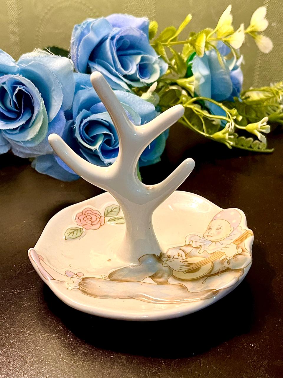 White Ceramic Ring Holder Trinket Dish Floral Design 4 Inch