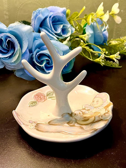 White Ceramic Ring Holder Trinket Dish Floral Design 4 Inch