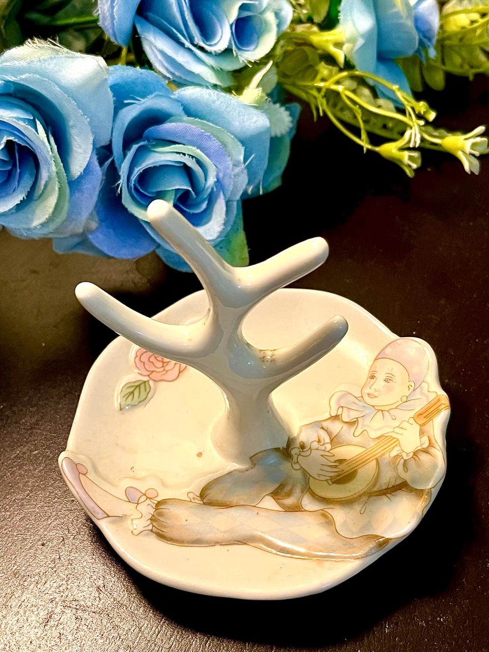 White Ceramic Ring Holder Trinket Dish Floral Design 4 Inch