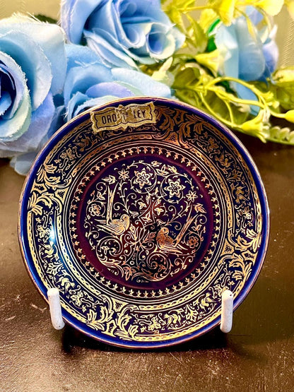 Blue Gold Bird Floral Decorative Plate 3.5 Inch