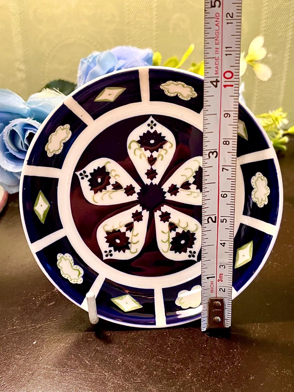 Blue Burgundy Geometric Floral Decorative Plate 4.25 Inch